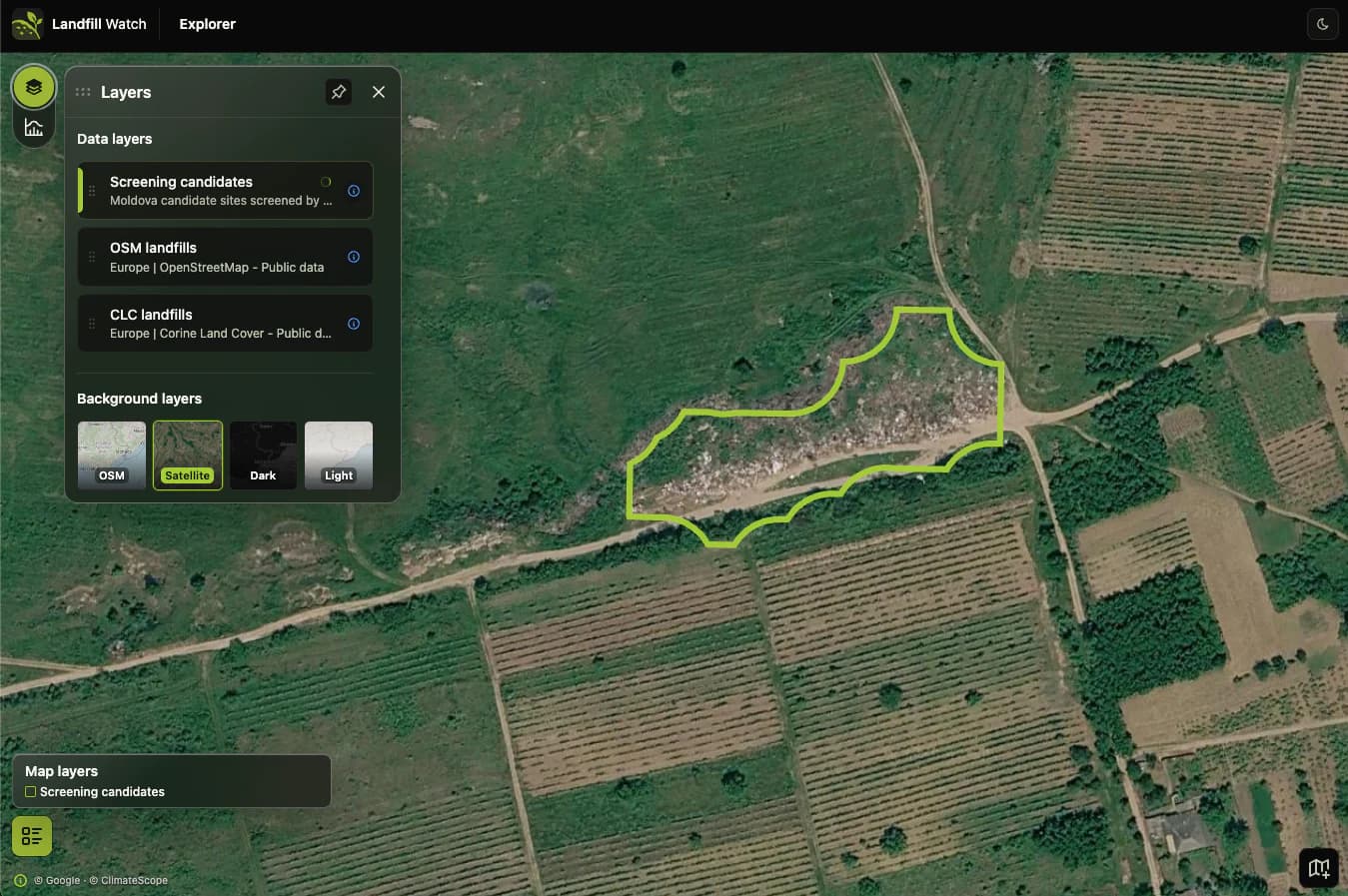 Landfill Watch Explorer showing a screening candidate outlined on satellite imagery beside data-layer controls.