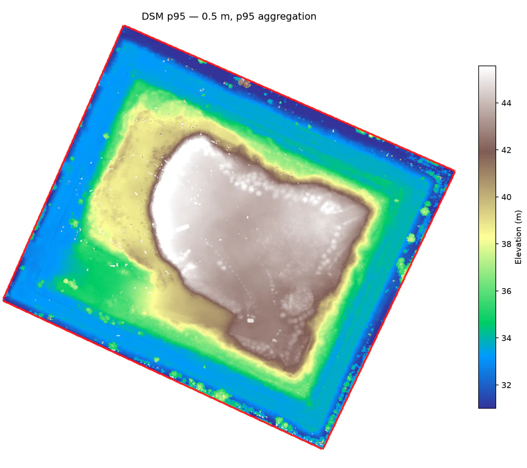 Drone-derived p95 digital surface model of the assessment area, colored by elevation in metres.